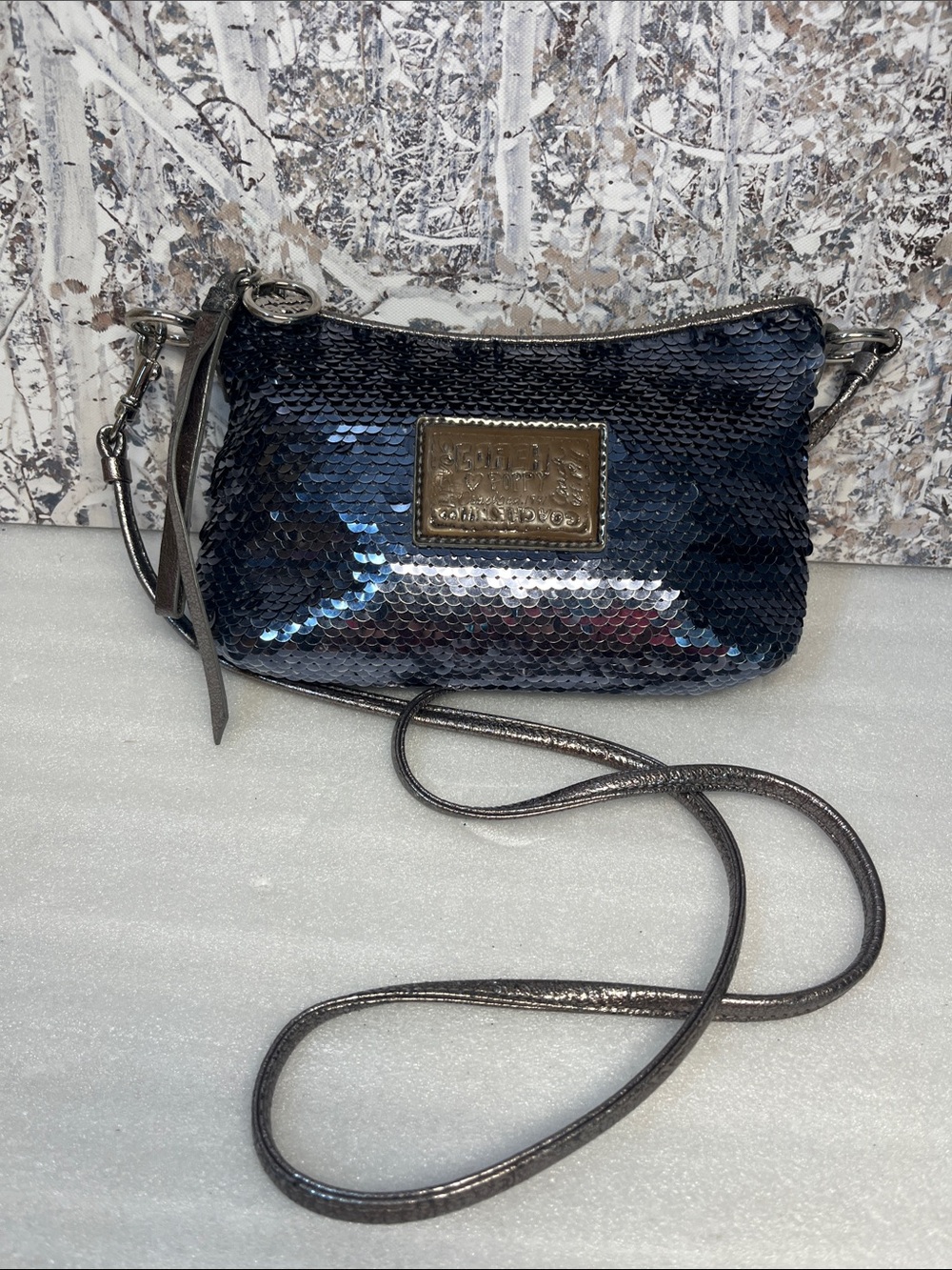 Coach Poppy Blue Sequin Metallic Crossbody Bag- Blue/ Silver
